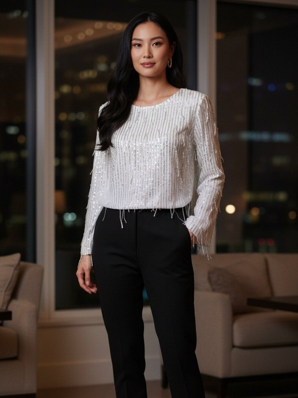 Habitual White Beaded Fringe Long Sleeve Crop Top Size 16
